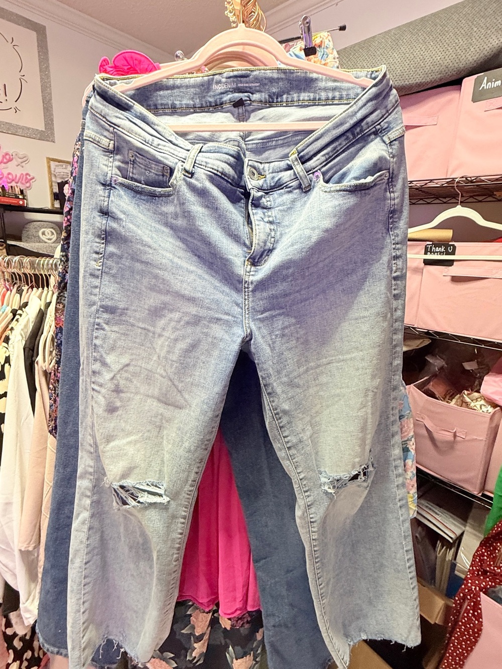 INC DENIM HIGH RISE STRAIGHT Light Wash Distressed Women’s Jeans 16W